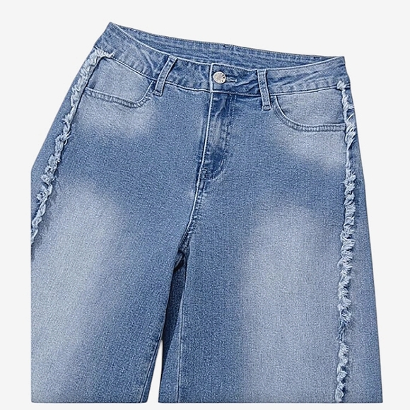 DISTRESSED MID WASH RAW HEM FLARE WIDE LEG JEANS  BOUTIQUE ITEM NEW  SIZE 16 - Picture 6 of 16